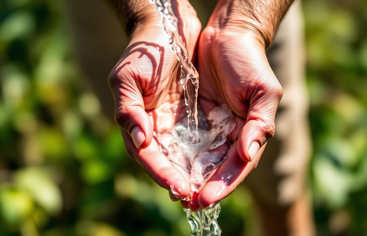 Clean water poured into cupped hands
