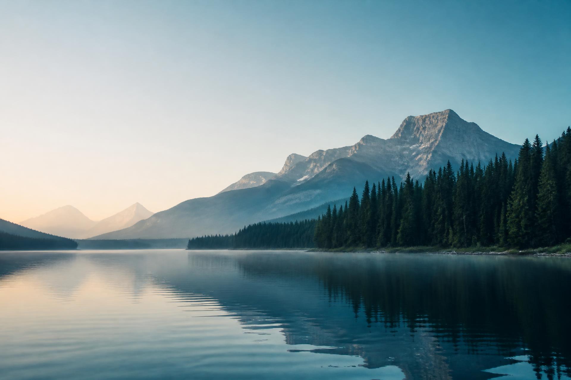 Calm mountain lake at dawn with still, clear water